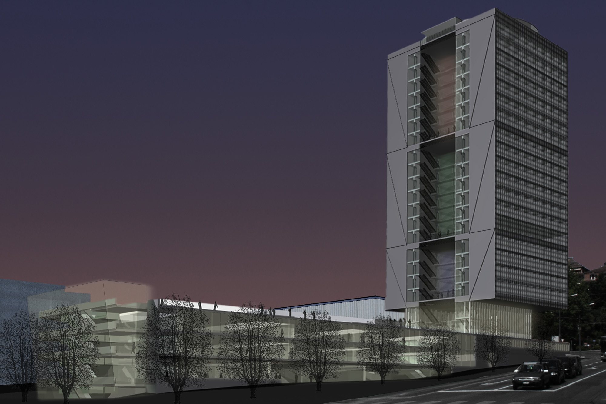 Business Center Beaulieu, tour et podium, vue de nuit
